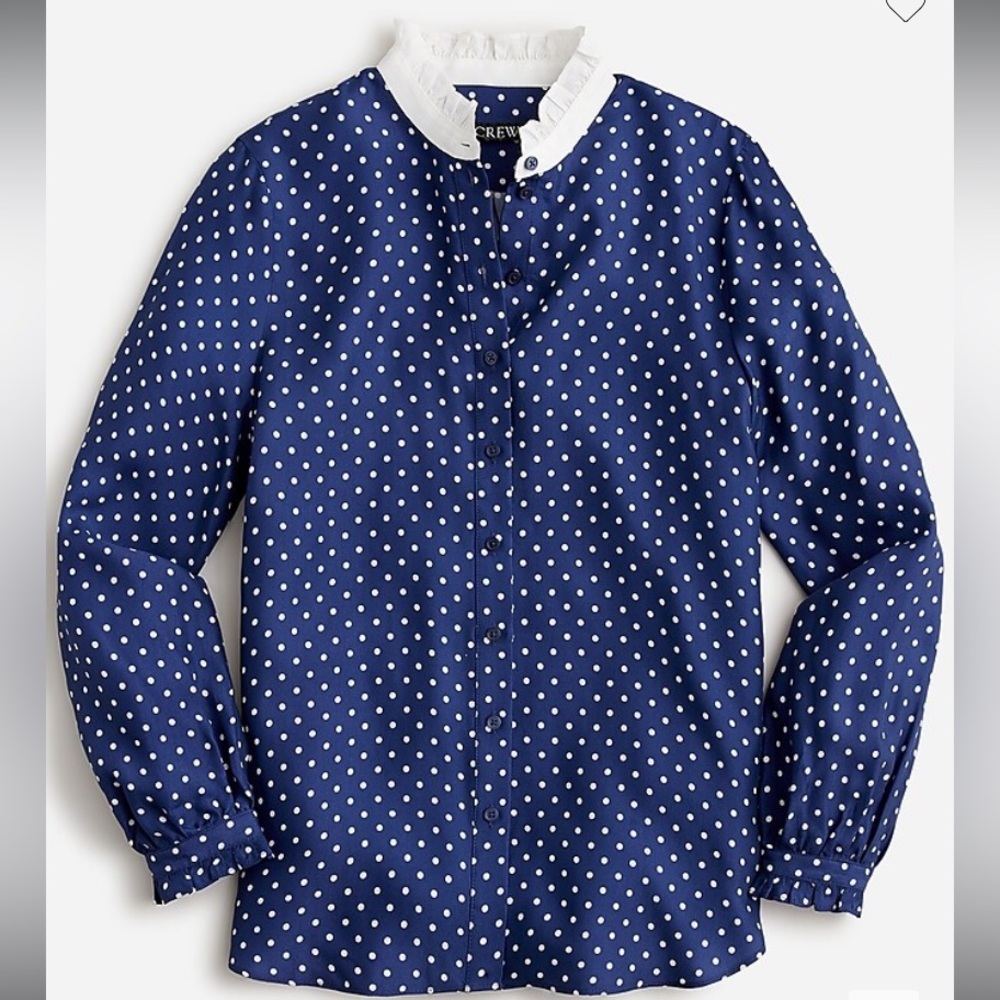 NWT J.Crew Drapey cupro-blend ruffle-trim shirt in dot, Mediterranean navy, XL.